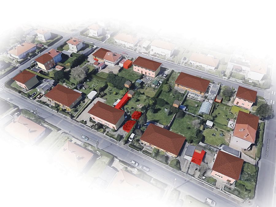 Axonométrie d'un îlot - Cité Jardin, Réhabilitation de 35 logements individuels