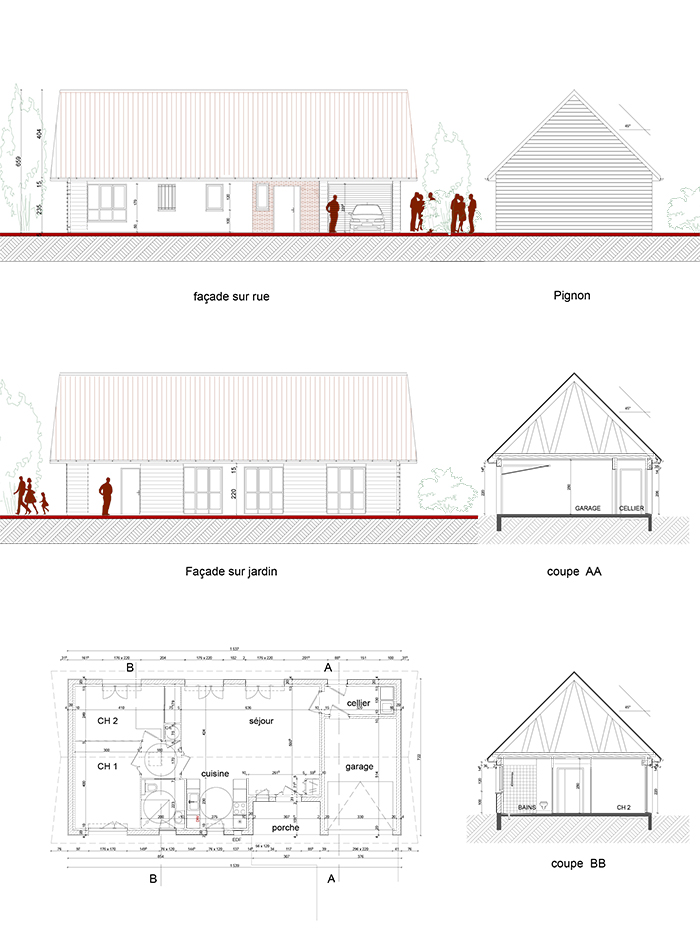 Plan et façades des logements T3 - Résidence senior de 20 pavillons adaptés & un lieu de vie