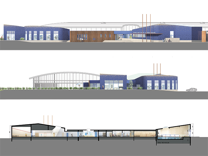 Façades Est et Sud - Coupe - Espace nautique la Grande Garenne, réhabilitation et extension (concours)