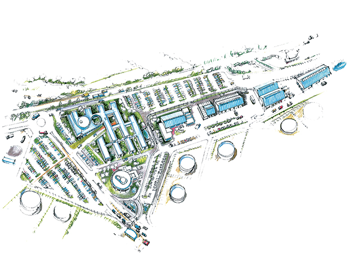 Esquisse du projet - Raffinerie Total : bureaux, ateliers, laboratoires, magasins, amphithéâtre, restaurant...